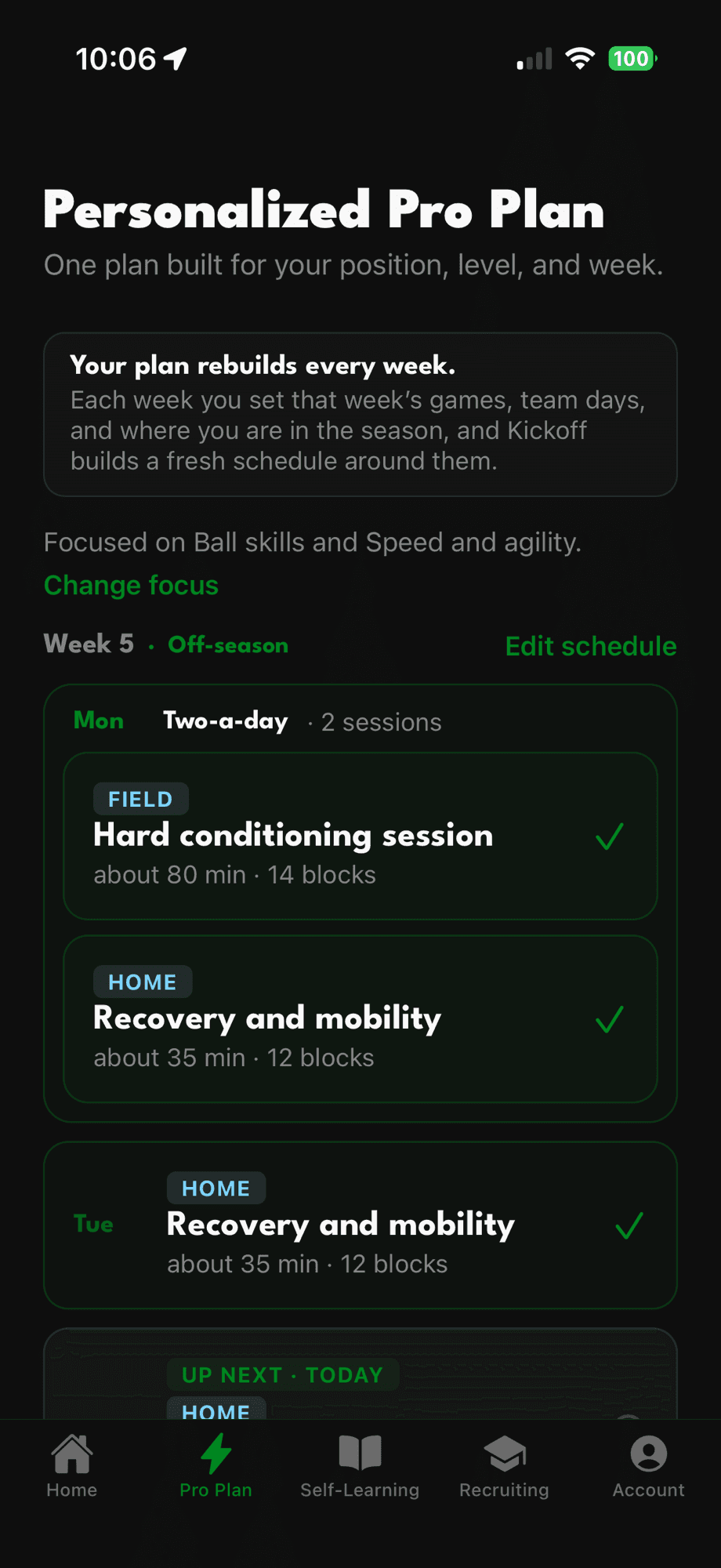 The Kickoff iOS app showing an off-season Personalized Pro Plan week, with a two-a-day (hard conditioning plus recovery), recovery and mobility days, and the plan rebuilding each week around the player's season and schedule